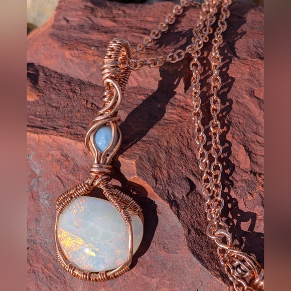 Artisan Jewelry - Mystical Opal Amulet Necklace Artisan Copper Wire Wrap With Dainty Chain